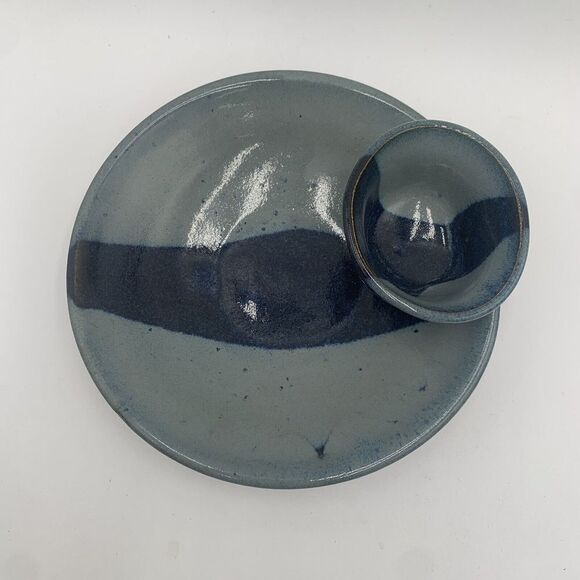 Pottery Handmade Ceramic Candy Dish Dip Plate  Serving Green Blue Swirl‎ Line - Picture 2 of 4